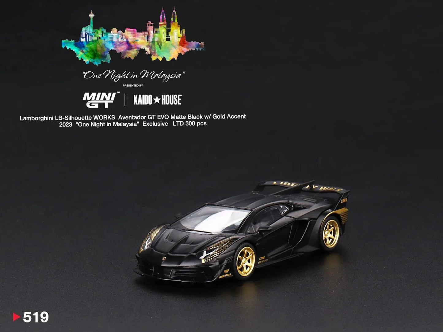 MINI GT  Grail MDX23 One night in Malaysia Dinner Exclusive #519 Lamborghini LB-Silhouette WORKS Aventador GT EVO Matte Black w/ Gold